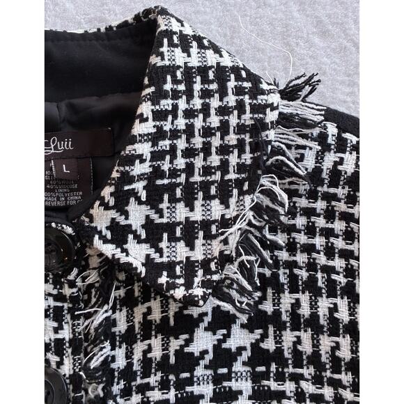 Luii Chic Black White Fringe Houndstooth Plaid Jacket Car Coat Size Large Wool - Picture 3 of 11